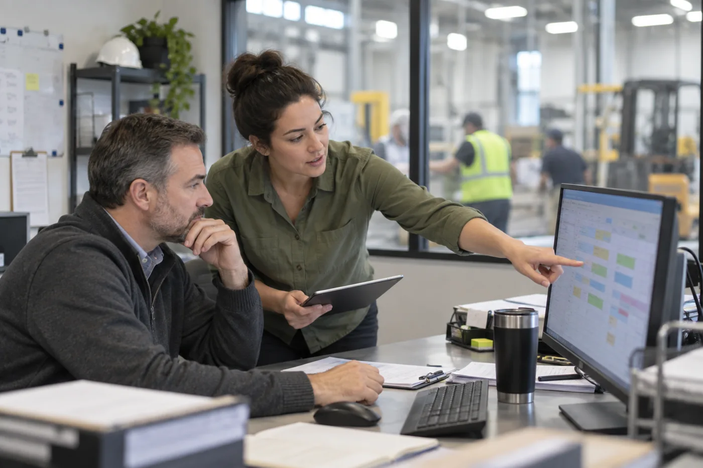 A staffing specialist and manager compare a workforce schedule