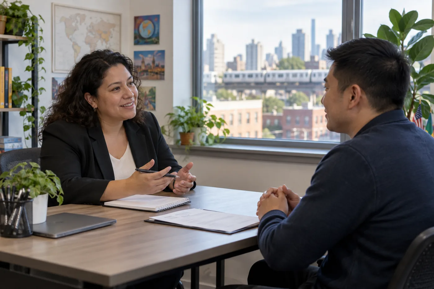 An applicant rehearses an interview with a career counselor