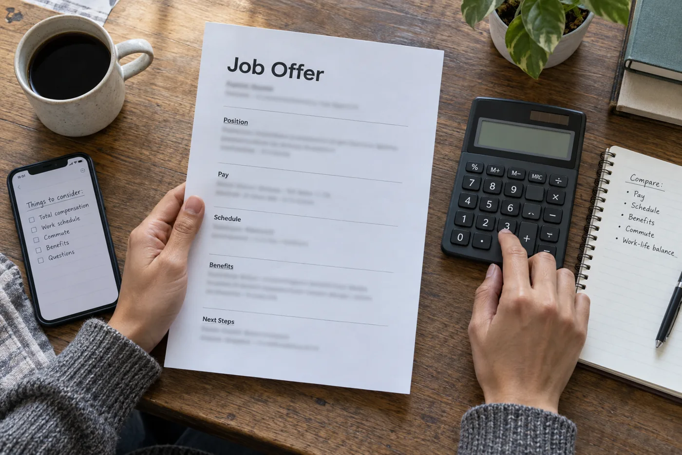 A worker compares a job offer, schedule and compensation notes