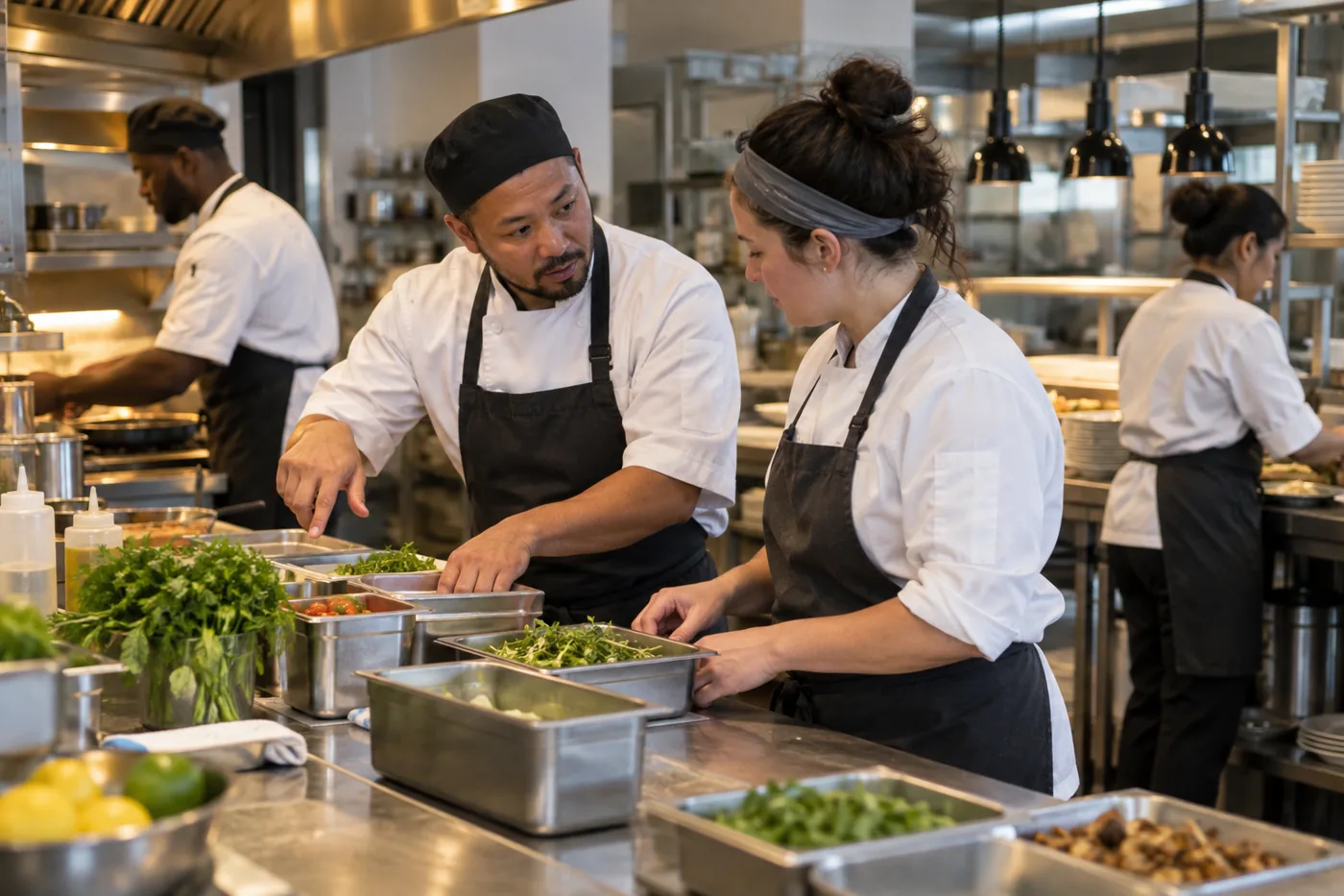 A restaurant kitchen team coordinates before service